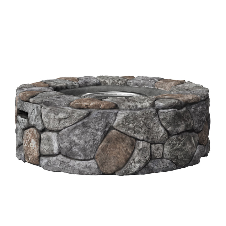 A round faux stone gas fire pit