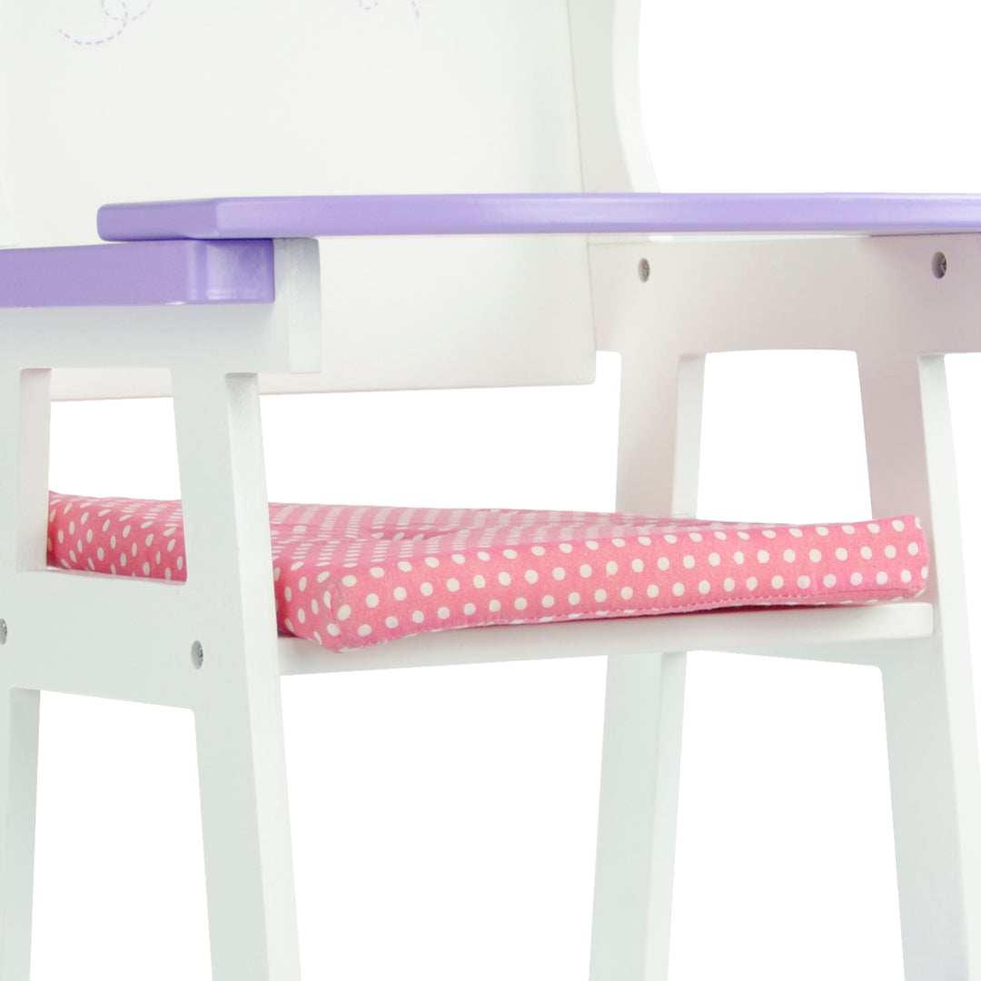 Close up of the seating cushion and purple tray on a highchair for dolls