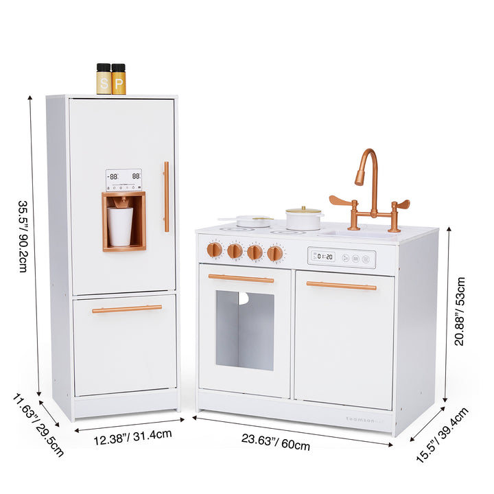 A Little Chef Milano Two-Piece Modular Modern Delight Play Kitchen with Cooking Accessories, Faux Marble Countertop, & Rose Gold Hardware, White with dimensions labeled, featuring a refrigerator, sink, stove, and oven with copper-colored accents and accessories. This realistic interactive set includes storage options for an immersive play experience.