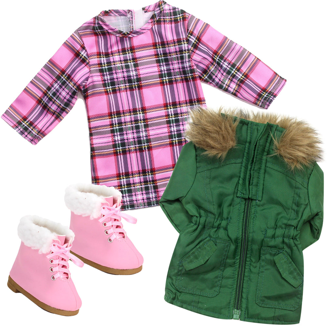 Sophia's Fur Trimmed Green Parka, Pink Plaid Dress, and Lace-Up Pink B US - Teamson Kids Sophia's Fur Trimmed Green Parka, Pink Plaid Dress, and Lace-Up Pink B US - Teamson Kids
