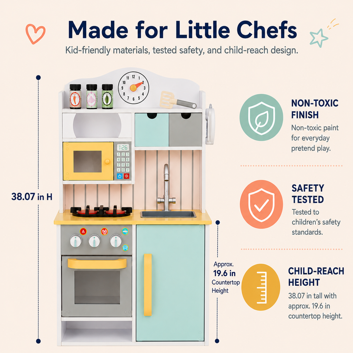 Teamson Kids Little Chef Florence Compact Wooden Play Kitchen with Oven, Microwave, Sink, Half Fridge, Clicking Knobs, Storage, 5 Accessories, Pretend Play Set, Ages 3+, 35.5 Inches High
