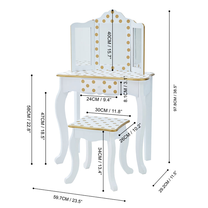 A Teamson Kids Gisele Polka Dot Vanity Playset, in white / gold with a stool.