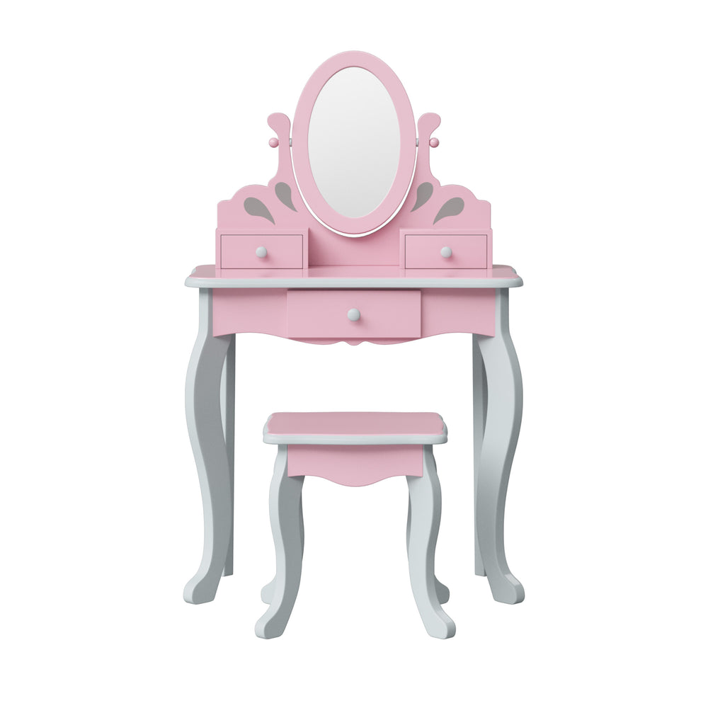 A pink and gray vanity set with an oval mirror and three drawers