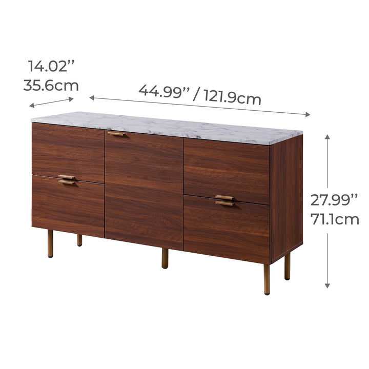 Dimensional graphic of a sideboard with faux marble tabletop in inches and centimeters