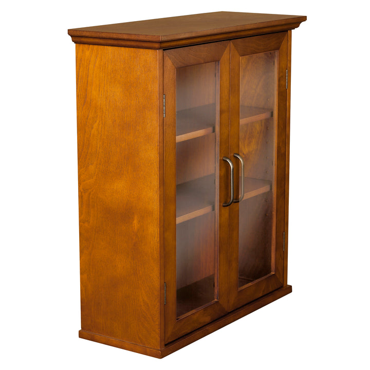 Side view of a wood floor cabinet with glass paneled doors and shelves inside