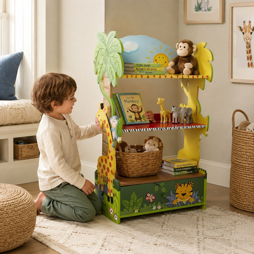 Fantasy Fields Sunny Safari Kids Bookcase with 3 Shelves, Bottom Drawer, Child-Friendly Height and Safari Animal Design, Blue