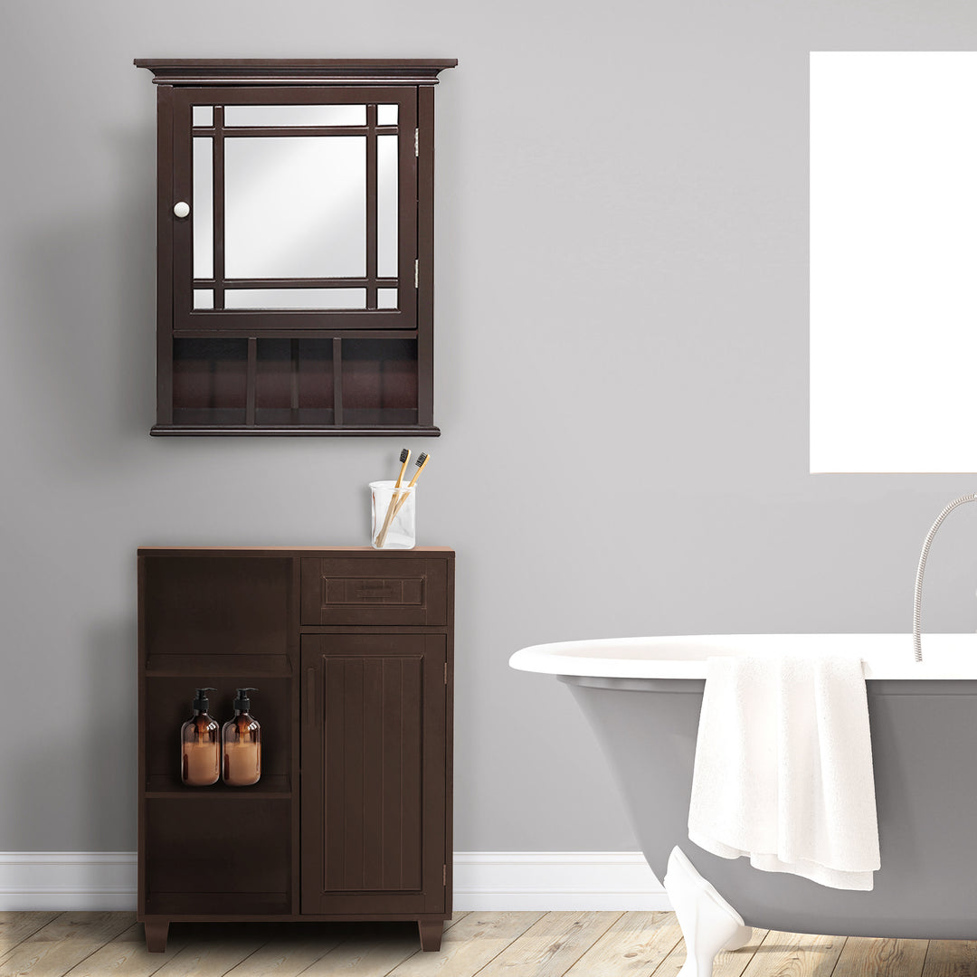 Lifestyle image in a bathroom with dark brown cabinet and wall hanging cabinet