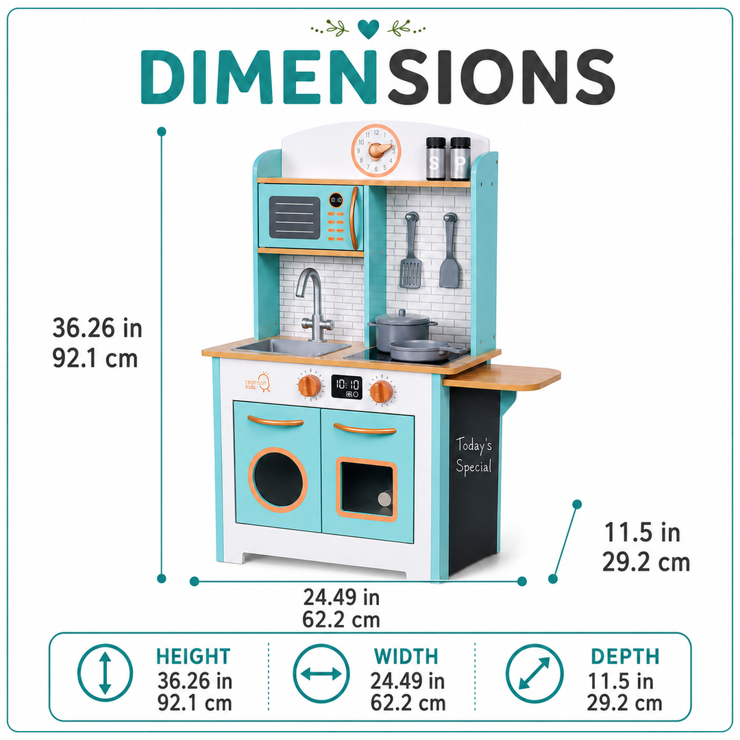 Teamson Kids Little Chef Santos Retro Small Play Kitchen with Microwave, Stove, Oven, Blackboards, Cookware Pieces, 7 Accessories