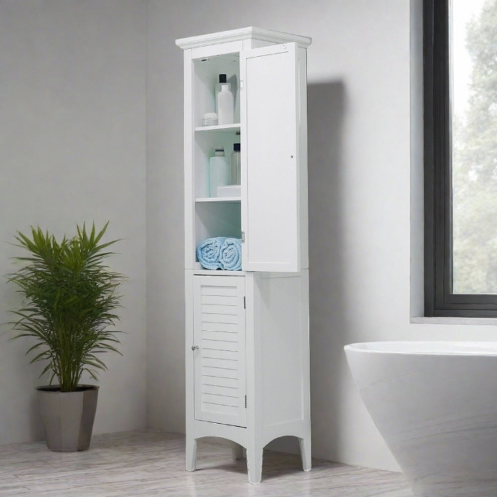 the tall linen tower in a  bathroom next to a bathtub with the top door open to show the inside with shelves