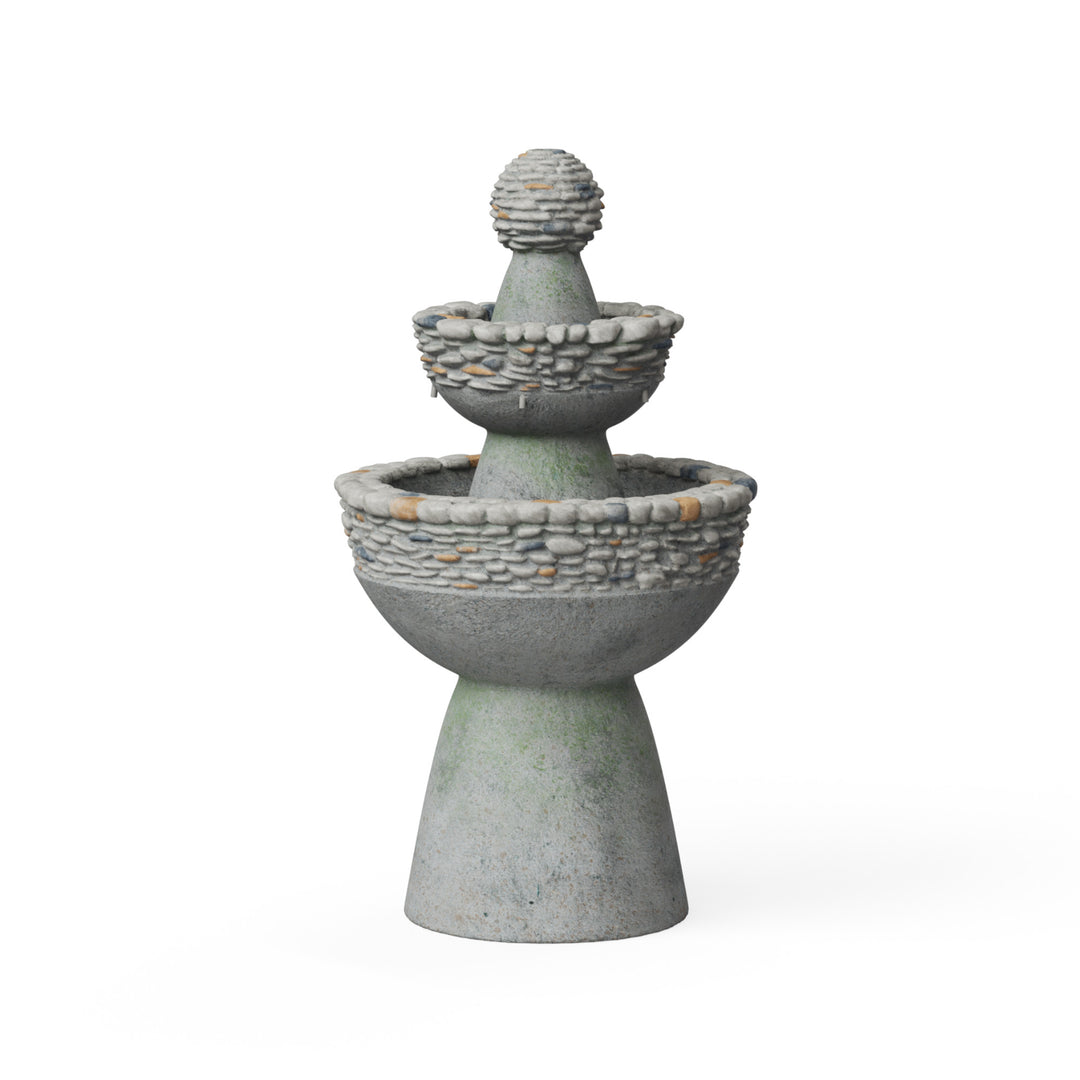 A 3-tiered birdbath style water fountain with pebble accents