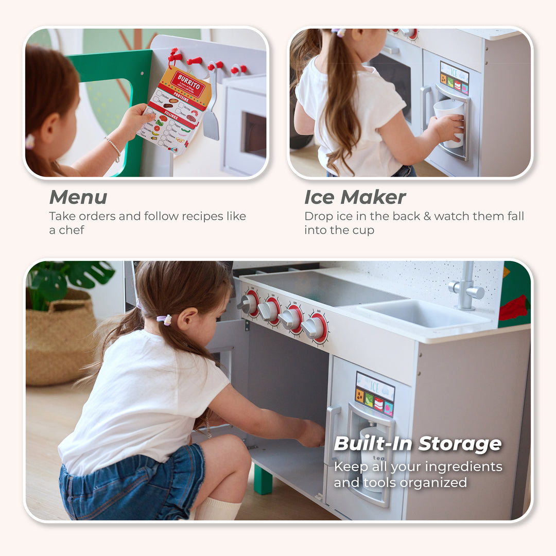 Teamson Kids My Little Helper Two-Sided Taco Truck Playset with Food Truck Exterior, Kitchen Interior, Steering Wheel, Sink, Griddle, Microwave, Oven and Accessories