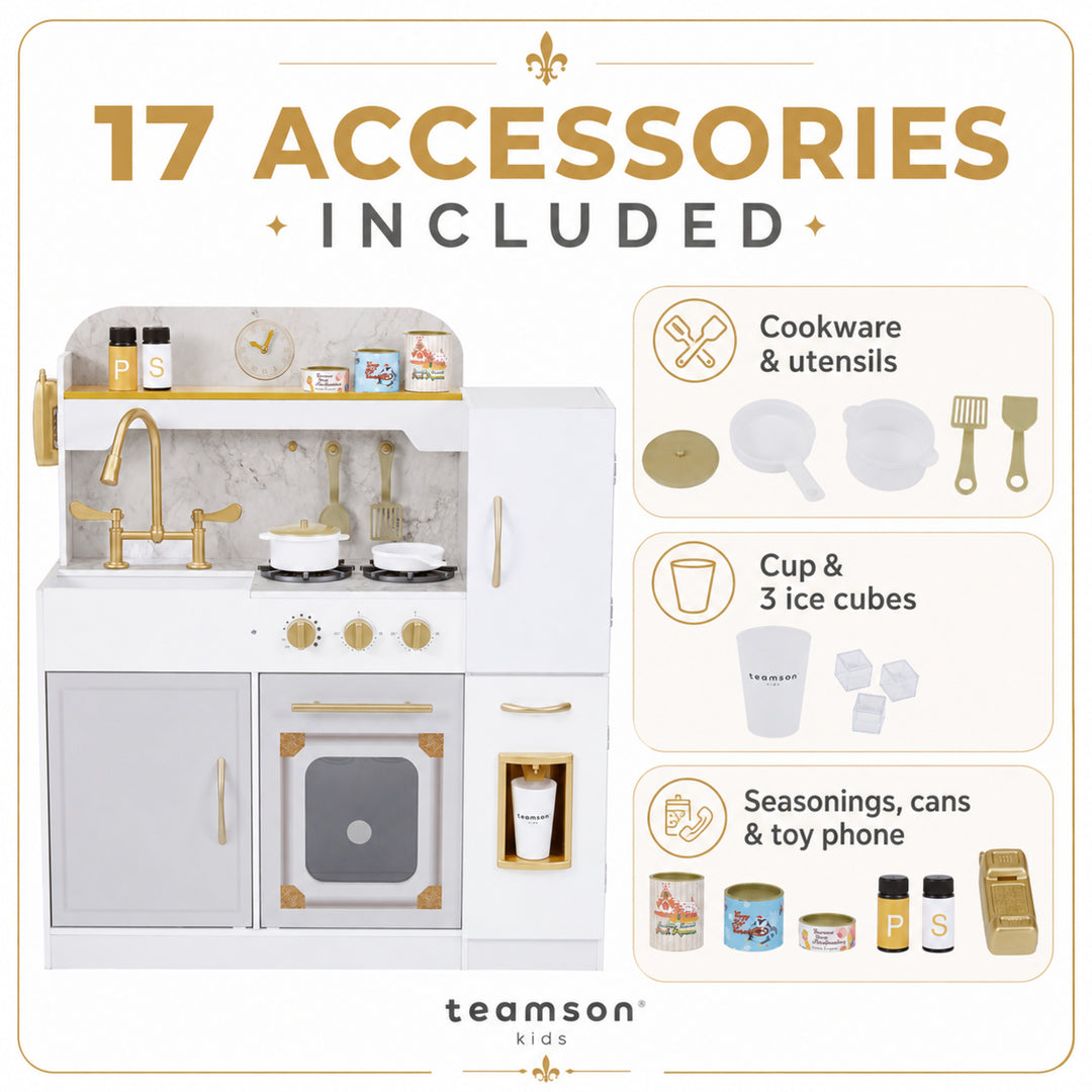 Teamson Kids Play Kitchen Set with Refrigerator, 17 Accessories, Storage Interactive White Pretend Play Wooden Kitchen with Gold Tap 34.49" L x 11.38" W x 37.76" H - Little Chef Versailles
