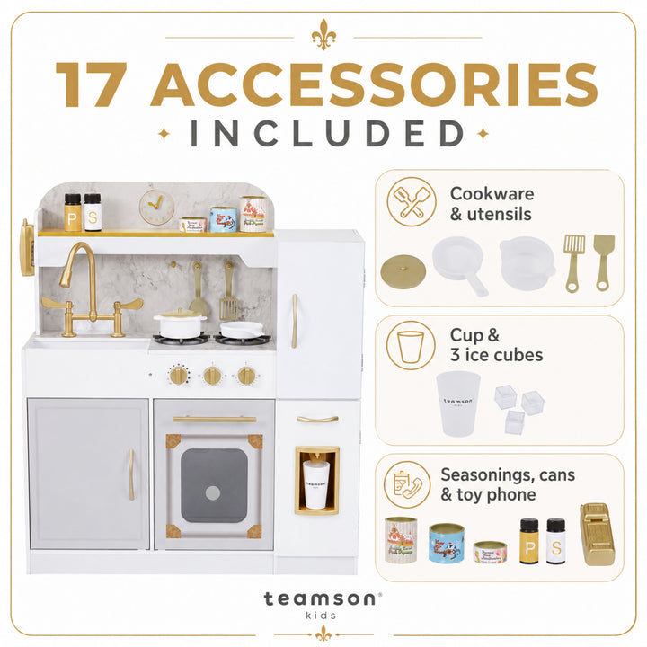 Teamson Kids Play Kitchen Set with Refrigerator, 17 Accessories, Storage Interactive White Pretend Play Wooden Kitchen with Gold Tap 34.49" L x 11.38" W x 37.76" H - Little Chef Versailles