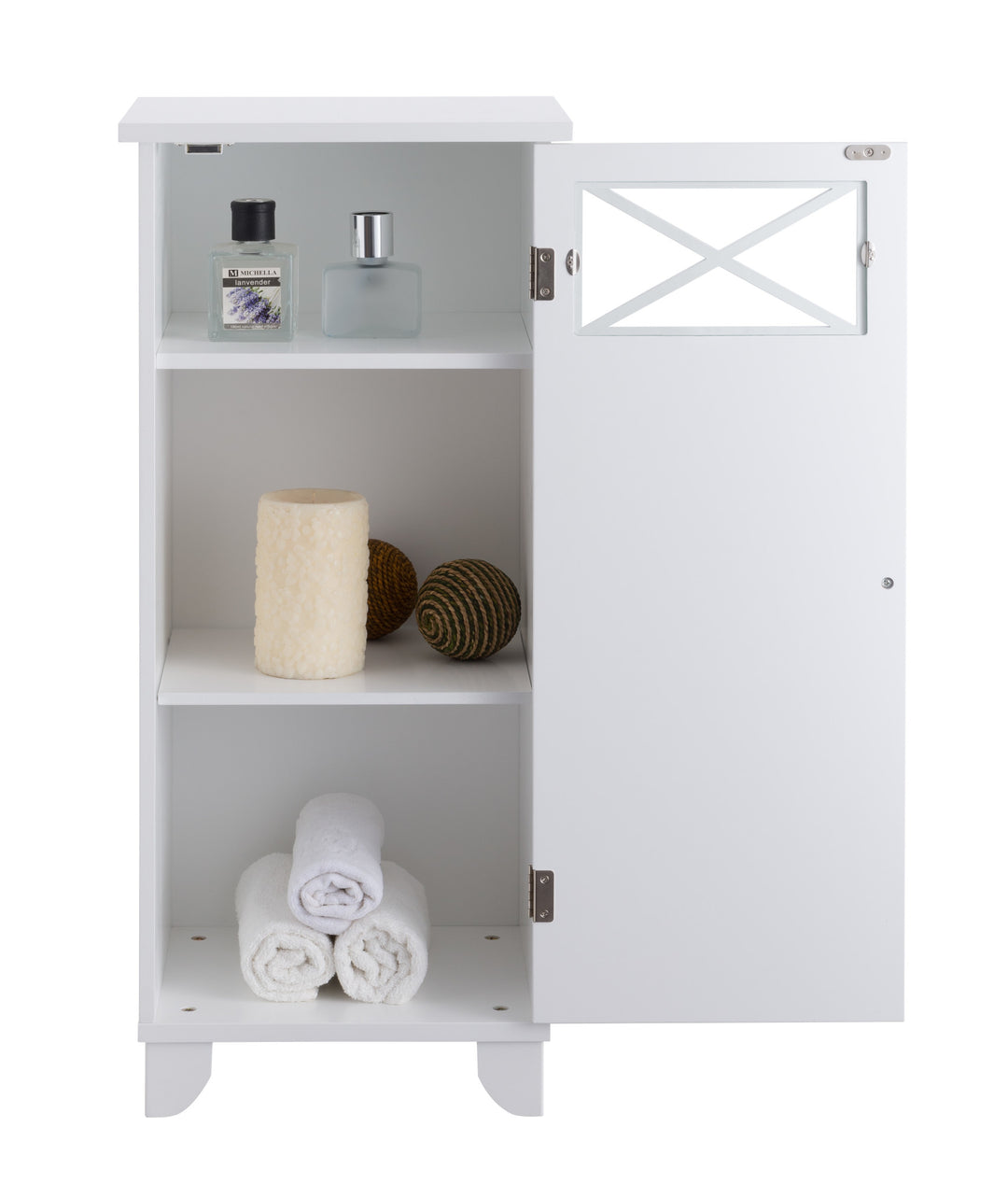 A narrow white floor cabinet with the door open and three shelves with things on them