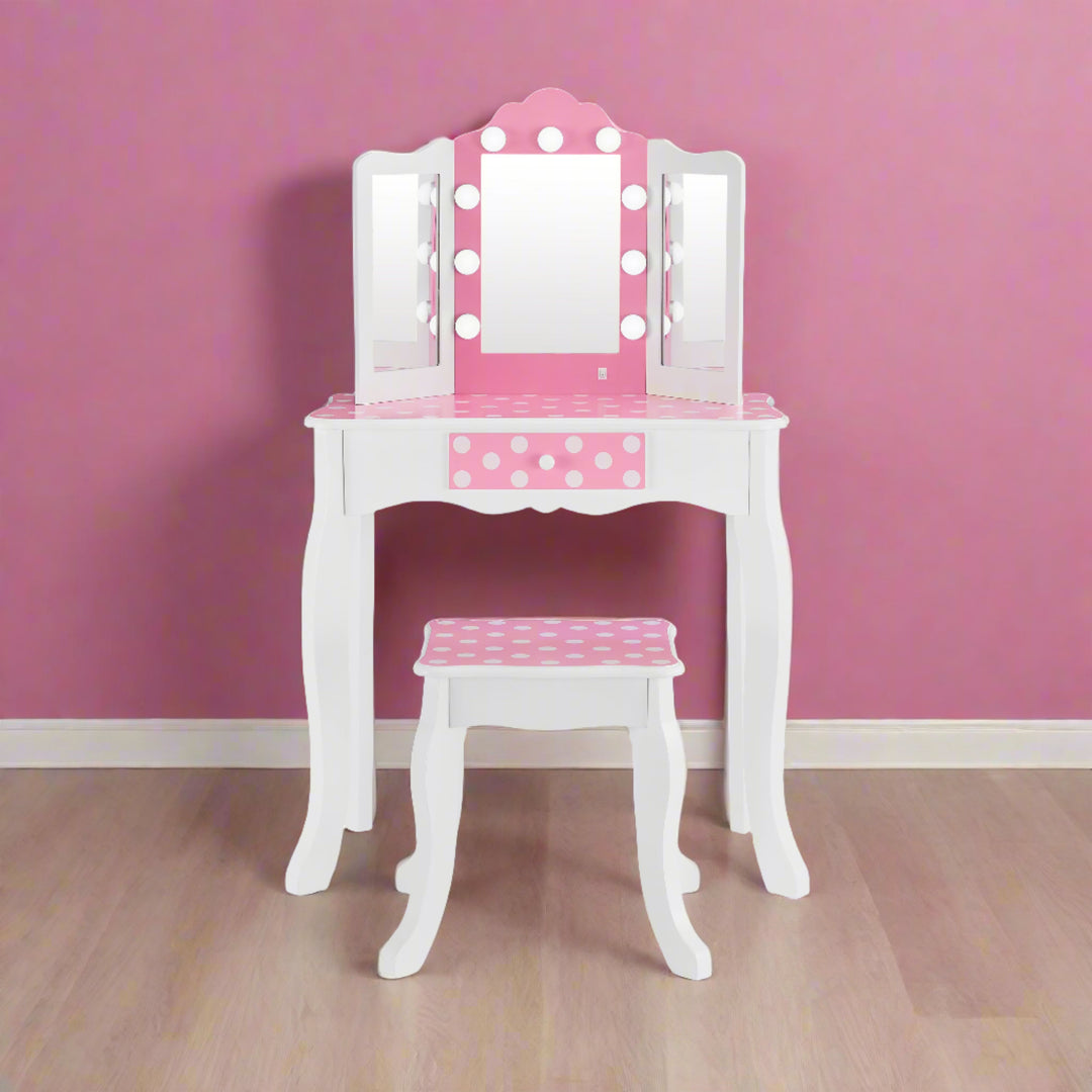 Fantasy Fields Gisele Polka Dot Kids Vanity Table & Stool with LED Fantasy Fields Gisele Polka Dot Kids Vanity Table & Stool with LED
