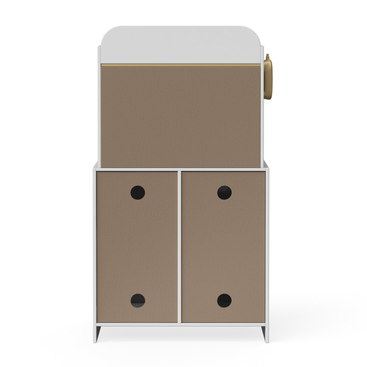 The back view of a white and gold play kitchen