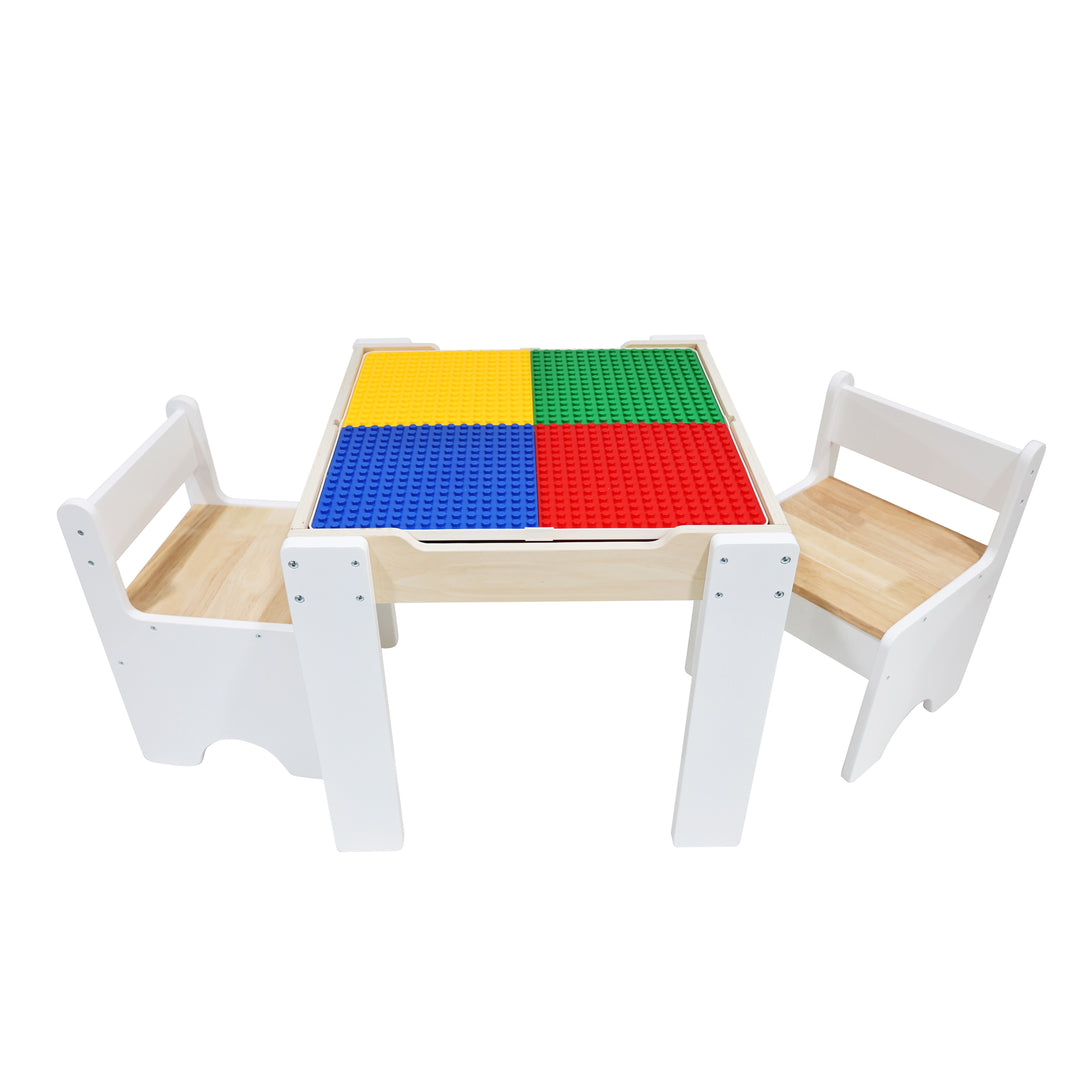 Kids 3-pc. Multi-Activity Table & Chairs Set, white and natural wood finish with a building block surface