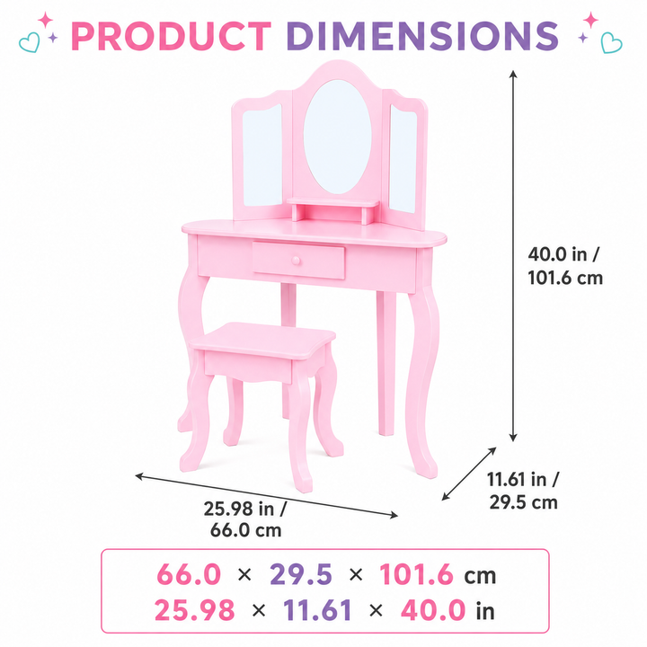 Teamson Kids Large Corner Kids Vanity Table and Stool Set with Drawers, Space-Saving Pink pretend Play Set with Tri-fold Mirror, Drawers and Shelves, Little Princess Alessandra
