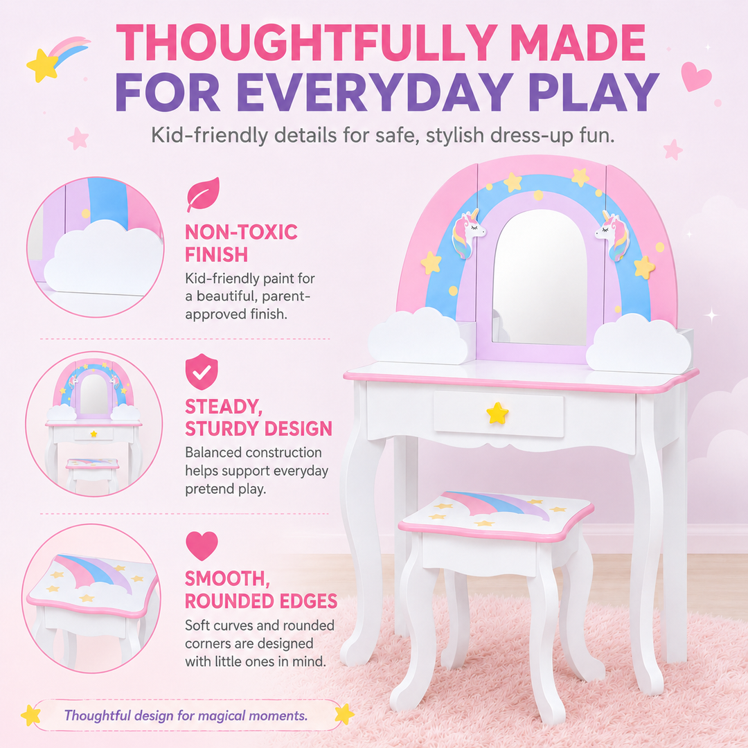 Teamson Kids Little Dreamer Rainbow Unicorn Wooden Play Vanity Set with Acrylic Mirror, Jewelry Pegs, Three Storage Spaces, Matching Stool, Rounded Corners, Non-Toxic Paint and Pastel Finish, Ages 3+