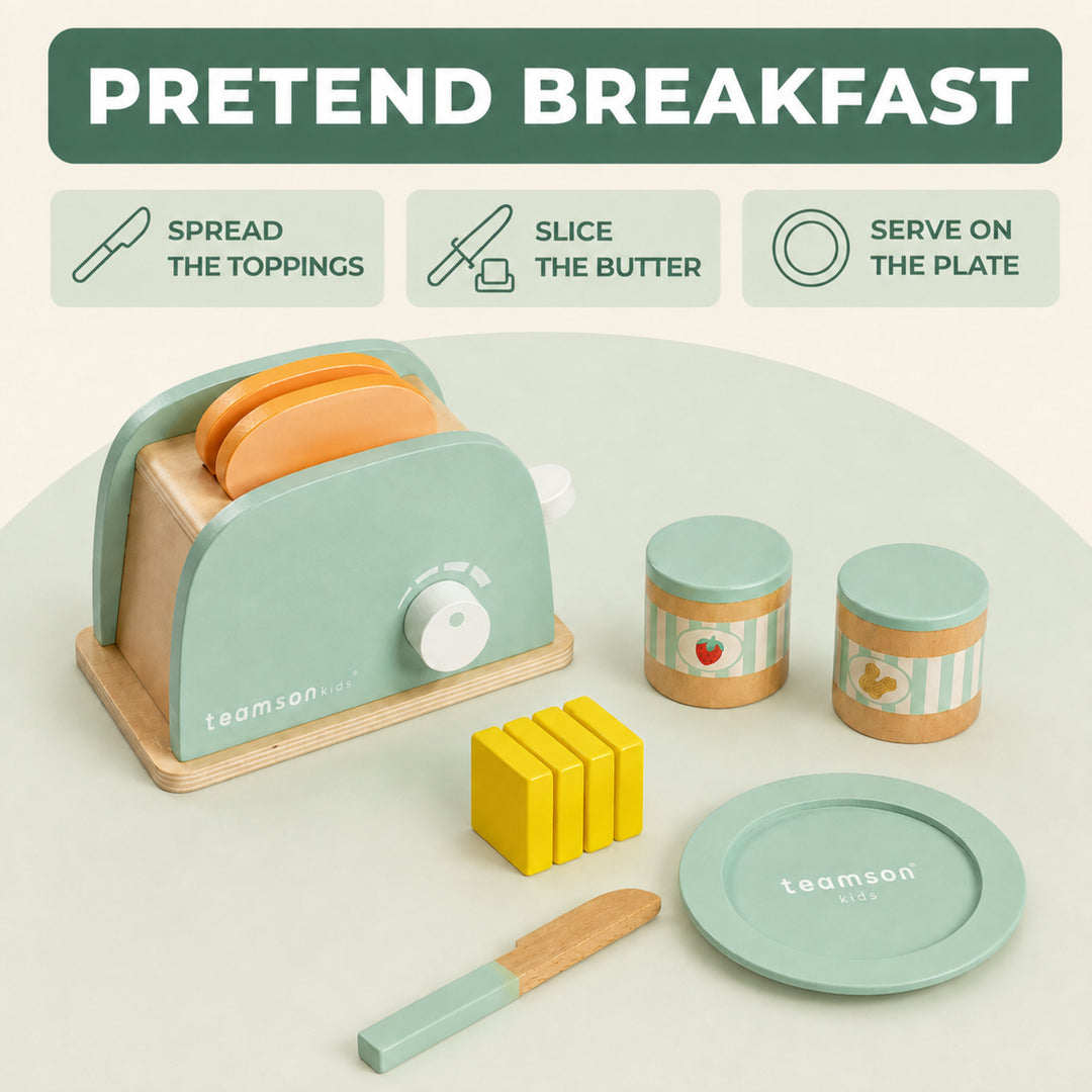 Teamson Kids 10-Piece Wooden Toy Toaster and Pretend Play Food Set, Green Kitchen Set with Pretend Bread, Knife and Plate for Interactive Play, Lever Makes Toast Slices Pop Little Chef Frankfurt