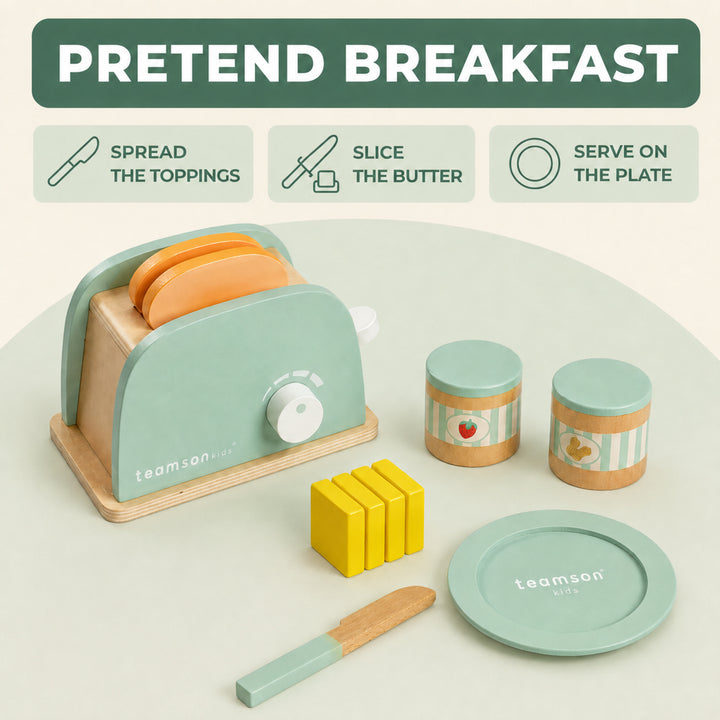 Teamson Kids 10-Piece Wooden Toy Toaster and Pretend Play Food Set, Green Kitchen Set with Pretend Bread, Knife and Plate for Interactive Play, Lever Makes Toast Slices Pop Little Chef Frankfurt