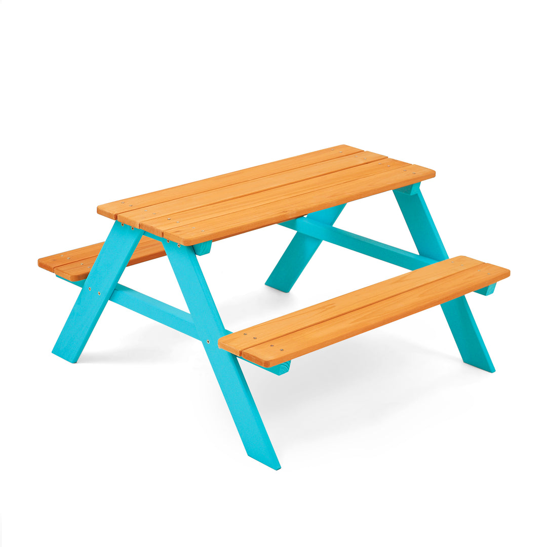 Teamson Kids Child Sized Wooden Outdoor Picnic Table in Warm Honey/Aqua with versatile colors, including a bright blue frame and natural finish on top and benches, isolated on white background.