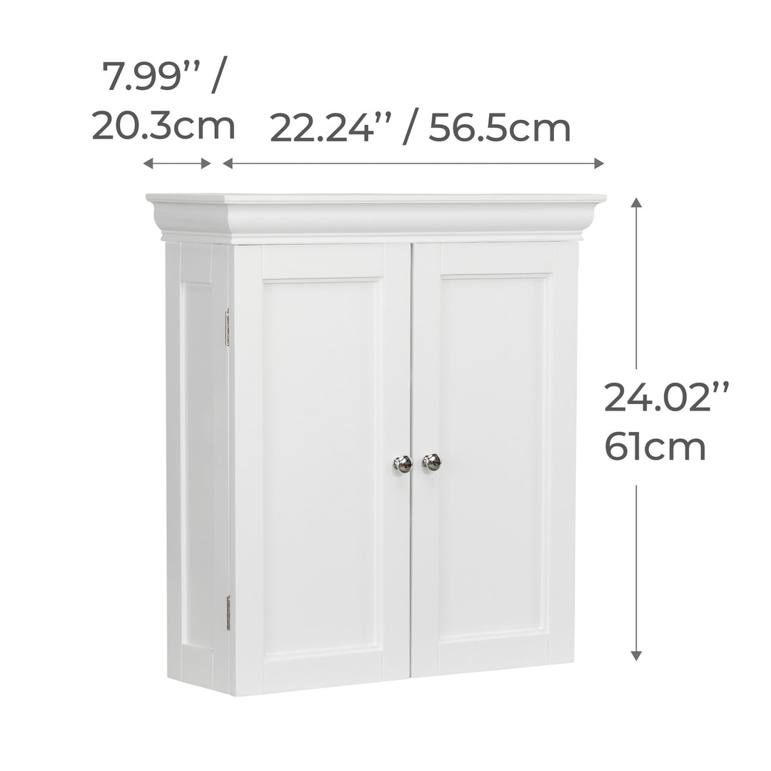 Dimensional graphic of a white two-door wall cabinet in inches and centimeters