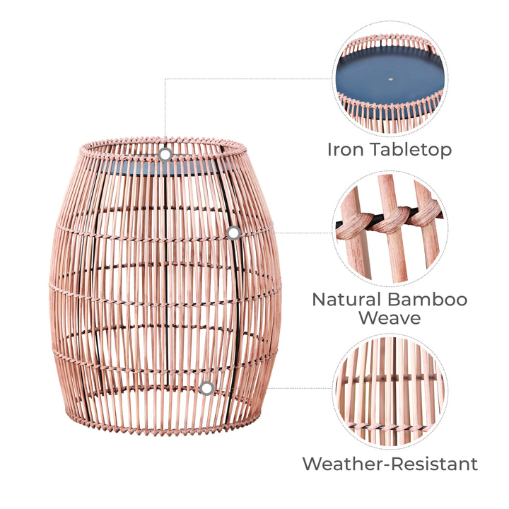 The side table is shown with features: iron tabletop, natrual bamboo weave, weather resistant.