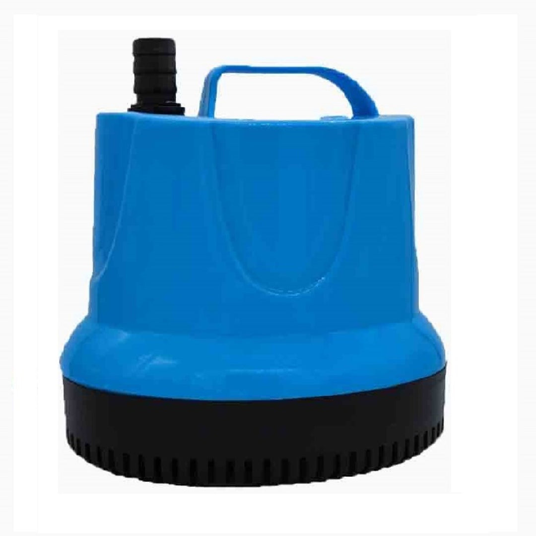 A round blue and black submersible pump with a handle and a nozzle on the top.