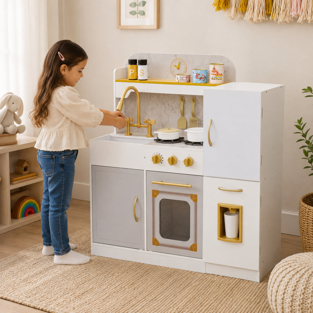 Teamson Kids Play Kitchen Set with Refrigerator, 17 Accessories, Storage Interactive White Pretend Play Wooden Kitchen with Gold Tap 34.49" L x 11.38" W x 37.76" H - Little Chef Versailles