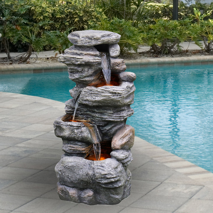 Teamson Home 39.37" Outdoor Faux Stone 4-Tier Water Fountain with LED, Gray