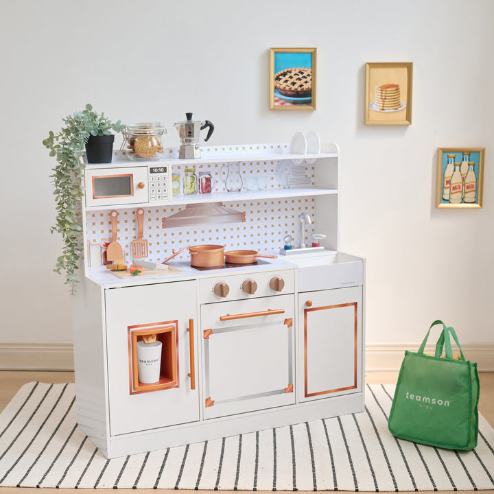Wooden Play Kitchen with 15 Accessories, Off-White - Little Chef St. Louis by Teamson Kids