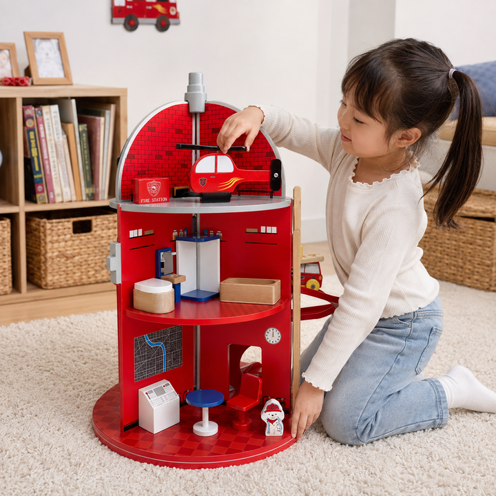 Teamson Kids 3-Story Wooden Fire Station Playset, Red Rotating Hydrant-Shaped Firehouse Pretend Play Set with 24 Pretend Play Figurines Including Fire Truck, Car, Helicopter, Rotating Base, Slide