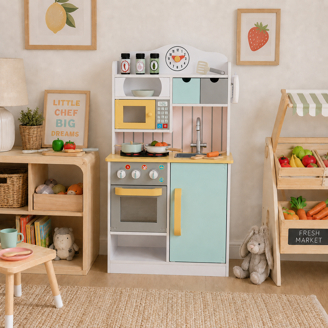 Teamson Kids Little Chef Florence Compact Wooden Play Kitchen with Oven, Microwave, Sink, Half Fridge, Clicking Knobs, Storage, 5 Accessories, Pretend Play Set, Ages 3+, 35.5 Inches High