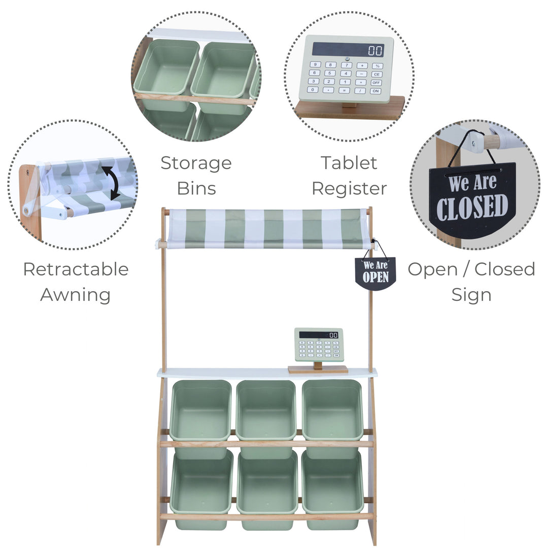 An infographic of a market stand's features -  retractable awning, storage bins, tablet register, open/closed sign