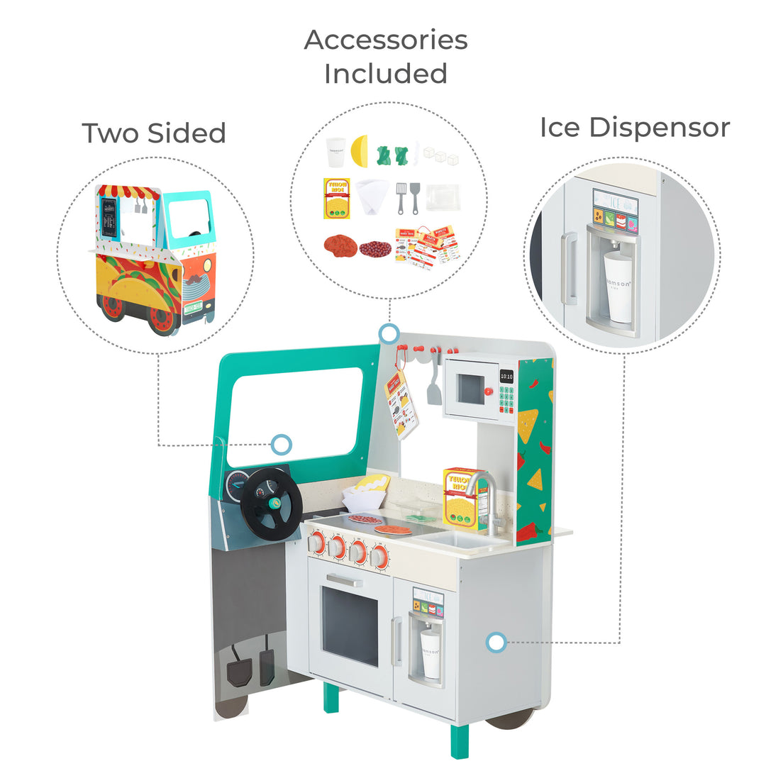 taco truck is shown with features including ice dispensor, two sided, and accessories included