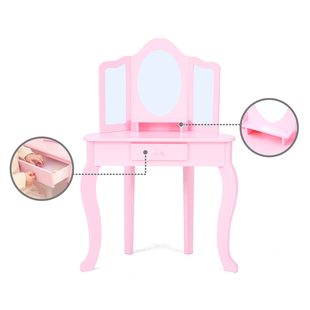 childrens pink dressing table Costway 2-Piece Rectangle MDF Top Pink Kids Vanity Table and Chair Set Princess Pretend Play Makeup Vanity Set HCST01596