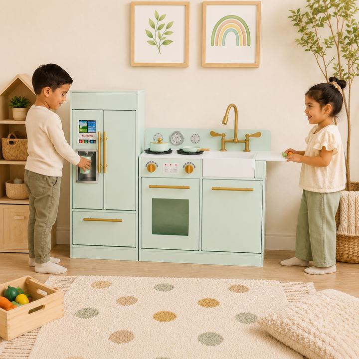 Teamson Kids Little Chef Charlotte Modular Play Kitchen Set with Realistic Stove, Sink, and Refrigerator, Kids Kitchen Playset for Toddlers Ages 3–7, Toy Cooking Set, Mint/Gold