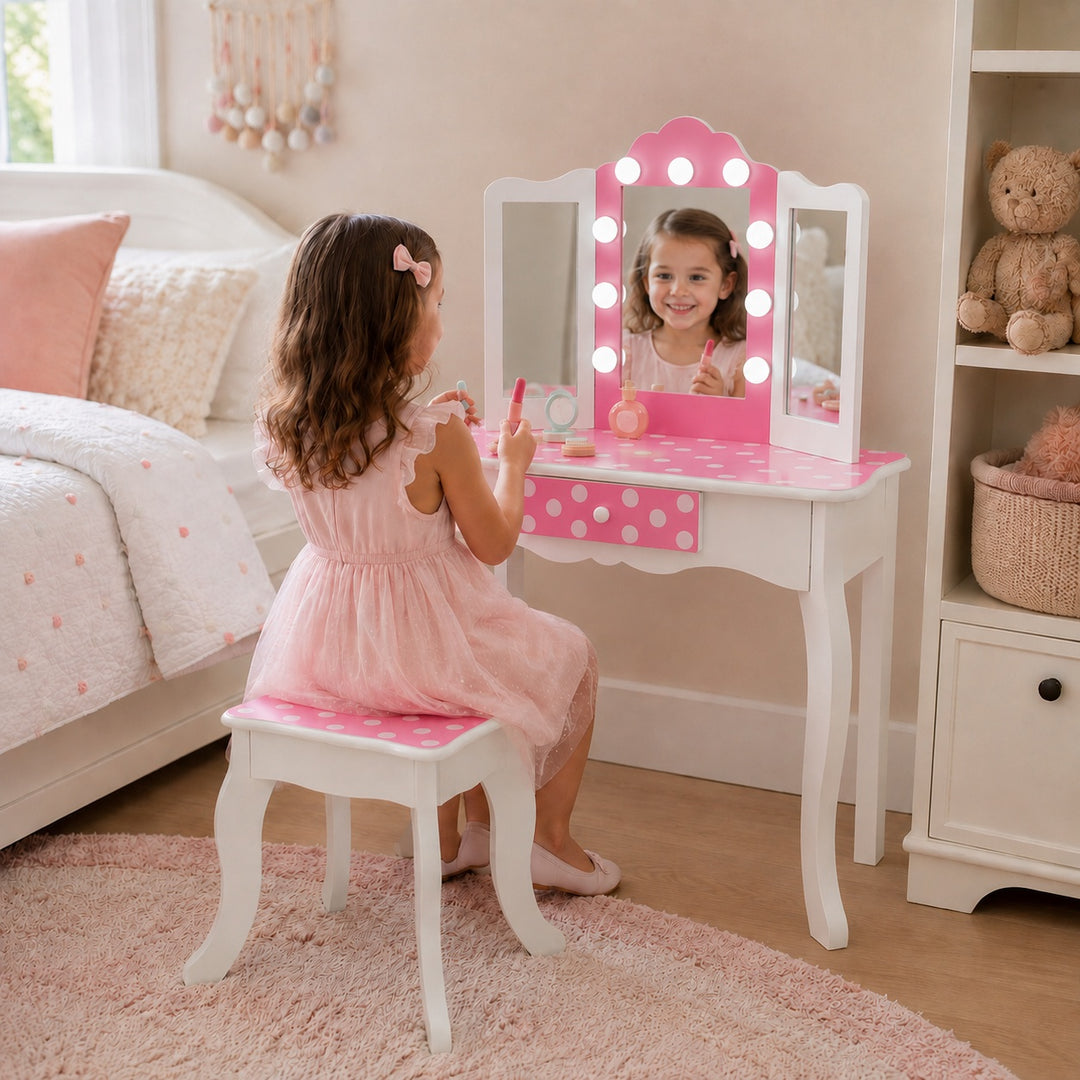 Teamson Kids Engineered Wood Vanity Set with LED Lighted Tri-Fold Acrylic Mirror, Storage Drawer, Matching Stool, Rounded Corners, White/Pink, Fantasy Fields Gisele Polka Dot Pretend Play Vanity Desk
