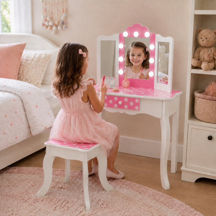 Teamson Kids Engineered Wood Vanity Set with LED Lighted Tri-Fold Acrylic Mirror, Storage Drawer, Matching Stool, Rounded Corners, White/Pink, Fantasy Fields Gisele Polka Dot Pretend Play Vanity Desk