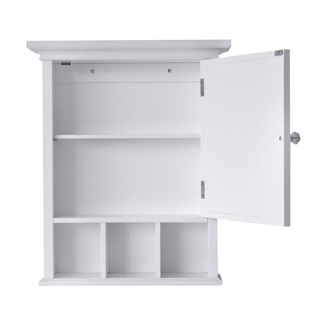 A white wall cabinet with an open mirrored door with an internal shelf