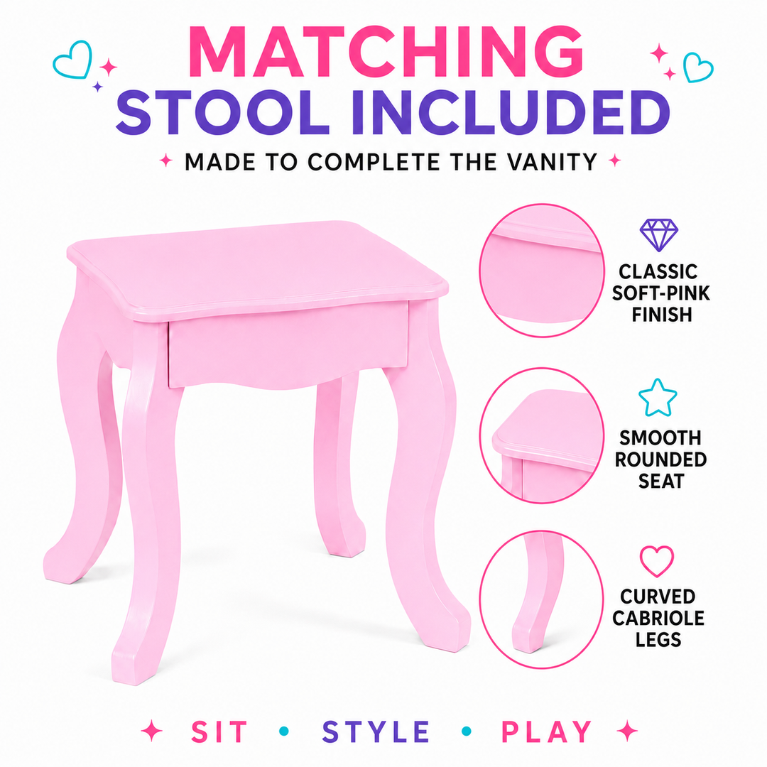 Teamson Kids Large Corner Kids Vanity Table and Stool Set with Drawers, Space-Saving Pink pretend Play Set with Tri-fold Mirror, Drawers and Shelves, Little Princess Alessandra