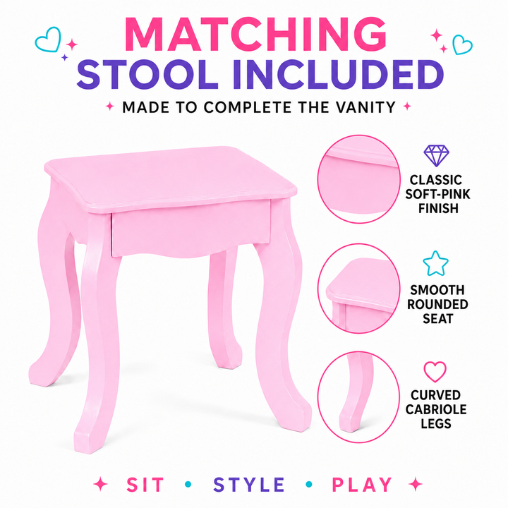 Teamson Kids Large Corner Kids Vanity Table and Stool Set with Drawers, Space-Saving Pink pretend Play Set with Tri-fold Mirror, Drawers and Shelves, Little Princess Alessandra