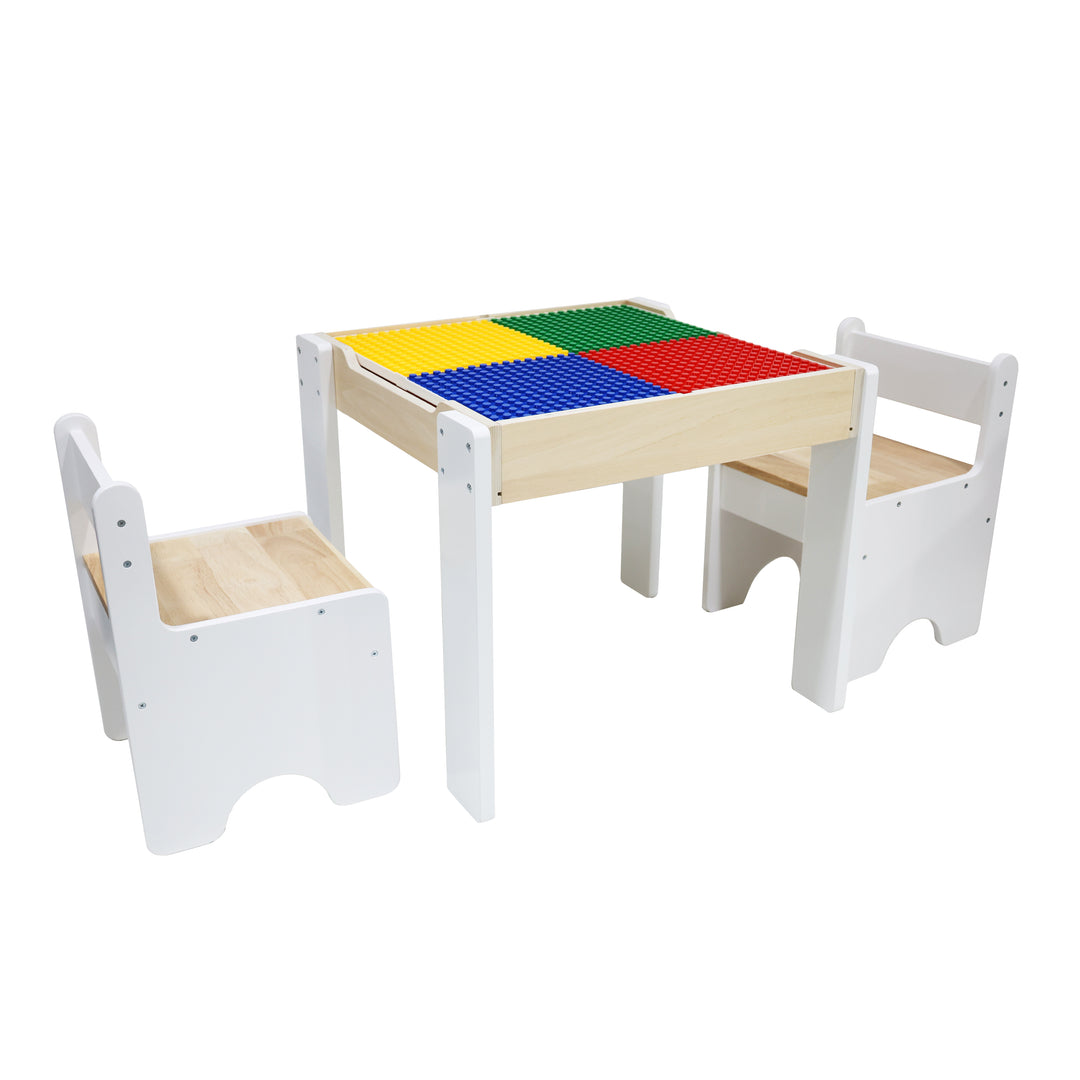 Kids 3-pc. Multi-Activity Table & Chairs Set, white and natural wood finish, with a building block table surface