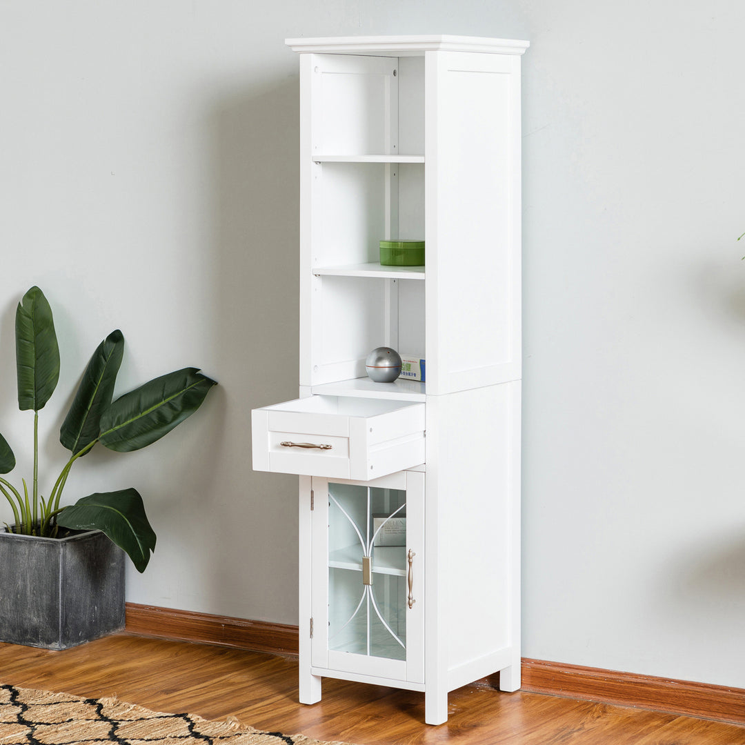 A tall white linen cabinet with mixed storage and an open drawer