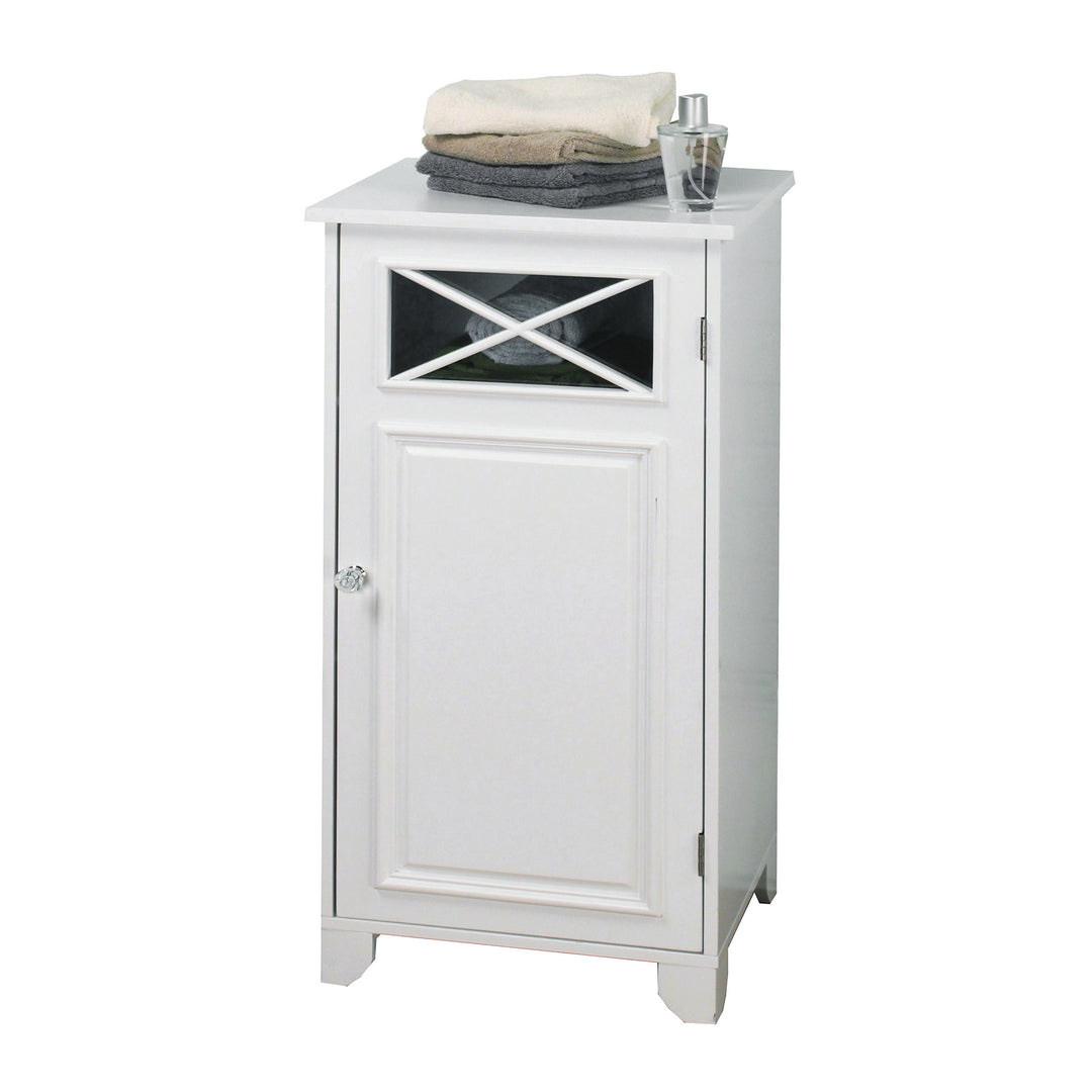 A narrow white floor cabinet with a window and towels on top