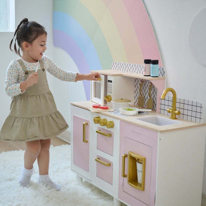 Wooden Play Kitchen with 17 Accessories, Pink - Little Chef Hampton by Teamson Kids