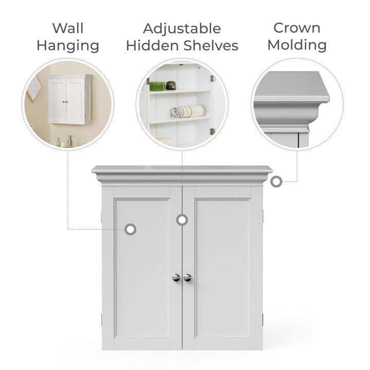 Infographic with callouts for wall hanging, adjustable shelves and crown molding