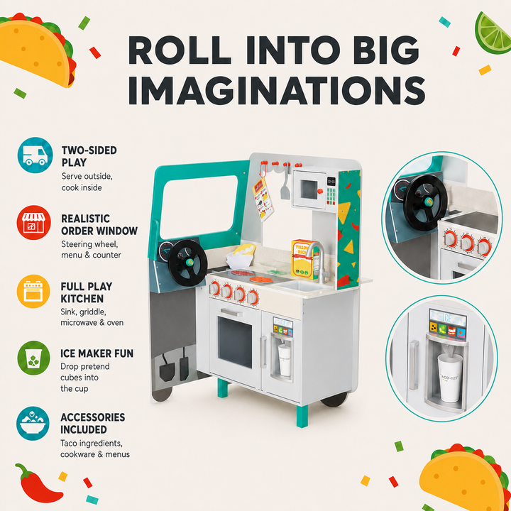 Teamson Kids My Little Helper Two-Sided Taco Truck Playset with Food Truck Exterior, Kitchen Interior, Steering Wheel, Sink, Griddle, Microwave, Oven and Accessories