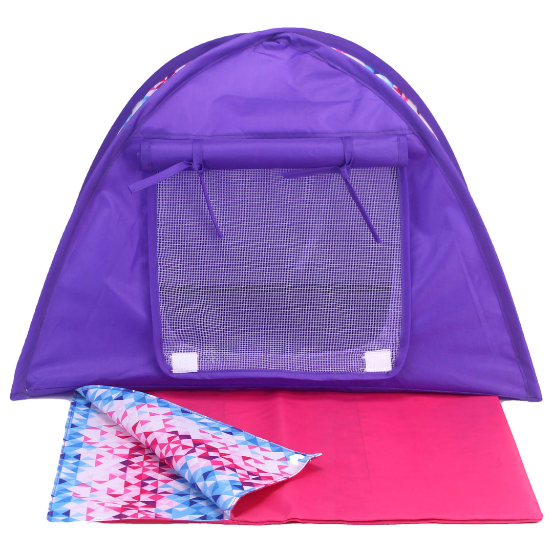 A purple and print doll sized tent front view with bug screen is shown with hot pink and print sleeping bag.